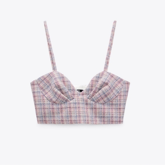 ZARA CHECKERED CORSET CROP TOP BLOGGERS FAV LARGE Pink Multi NEW - Picture 2 of 6